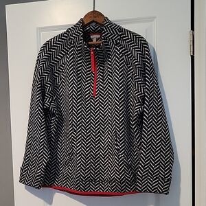 Talbots Black and White Chevron Fleece Jacket with Red Accent